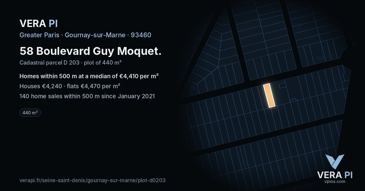 58 Boulevard Guy Moquet, Gournay-sur-Marne at night – the plot lit, the parcels around coloured by the prices near them