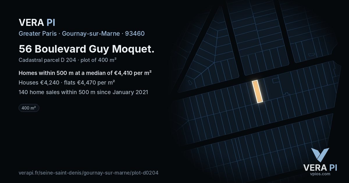 56 Boulevard Guy Moquet, Gournay-sur-Marne at night – the plot lit, the parcels around coloured by the prices near them