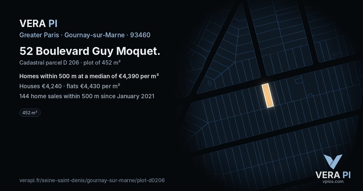 52 Boulevard Guy Moquet, Gournay-sur-Marne at night – the plot lit, the parcels around coloured by the prices near them