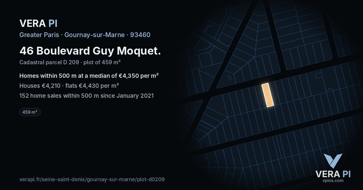 46 Boulevard Guy Moquet, Gournay-sur-Marne at night – the plot lit, the parcels around coloured by the prices near them