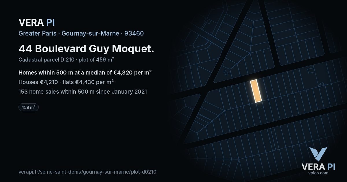 44 Boulevard Guy Moquet, Gournay-sur-Marne at night – the plot lit, the parcels around coloured by the prices near them