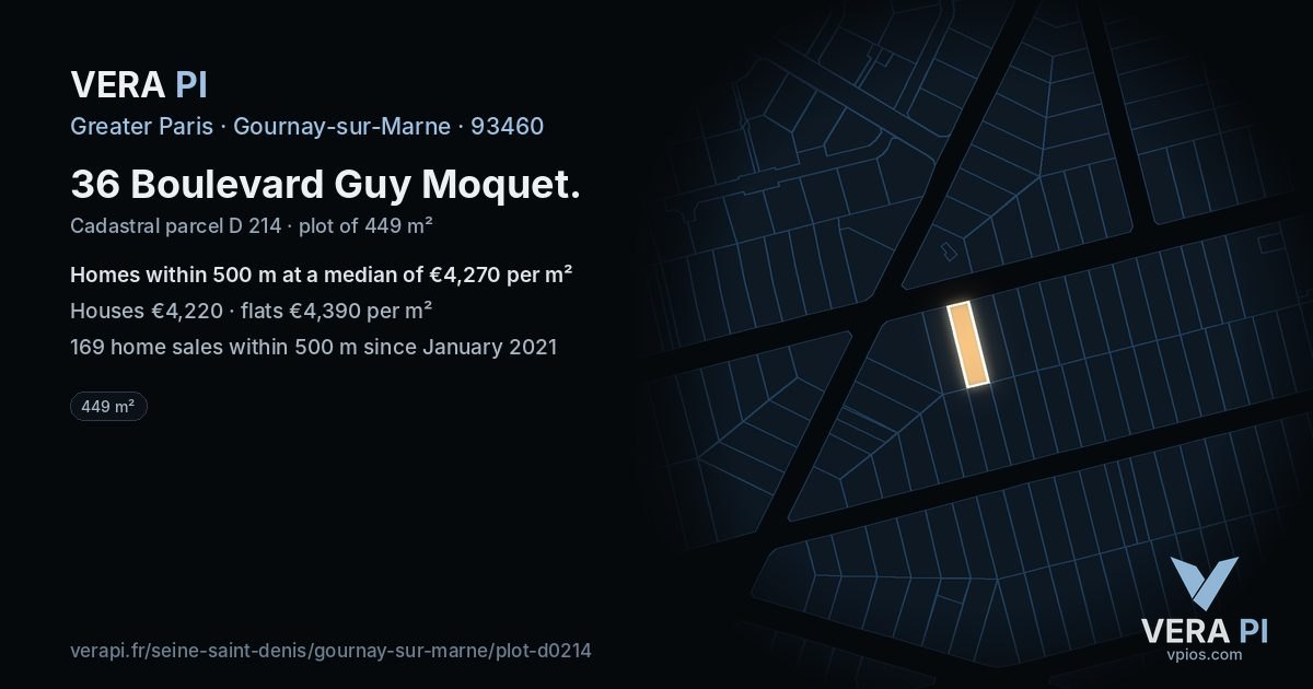 36 Boulevard Guy Moquet, Gournay-sur-Marne at night – the plot lit, the parcels around coloured by the prices near them