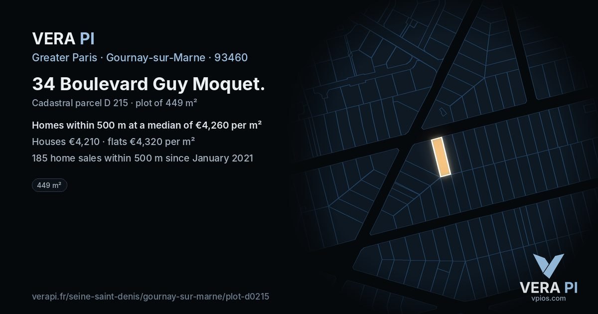 34 Boulevard Guy Moquet, Gournay-sur-Marne at night – the plot lit, the parcels around coloured by the prices near them