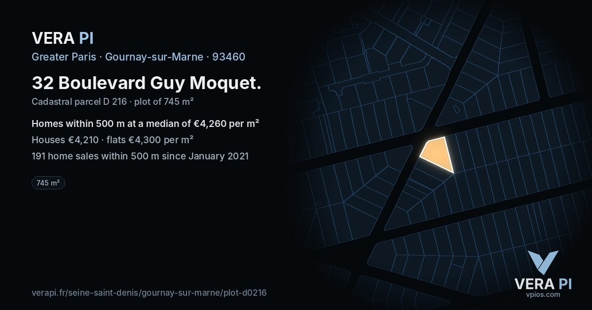 32 Boulevard Guy Moquet, Gournay-sur-Marne at night – the plot lit, the parcels around coloured by the prices near them