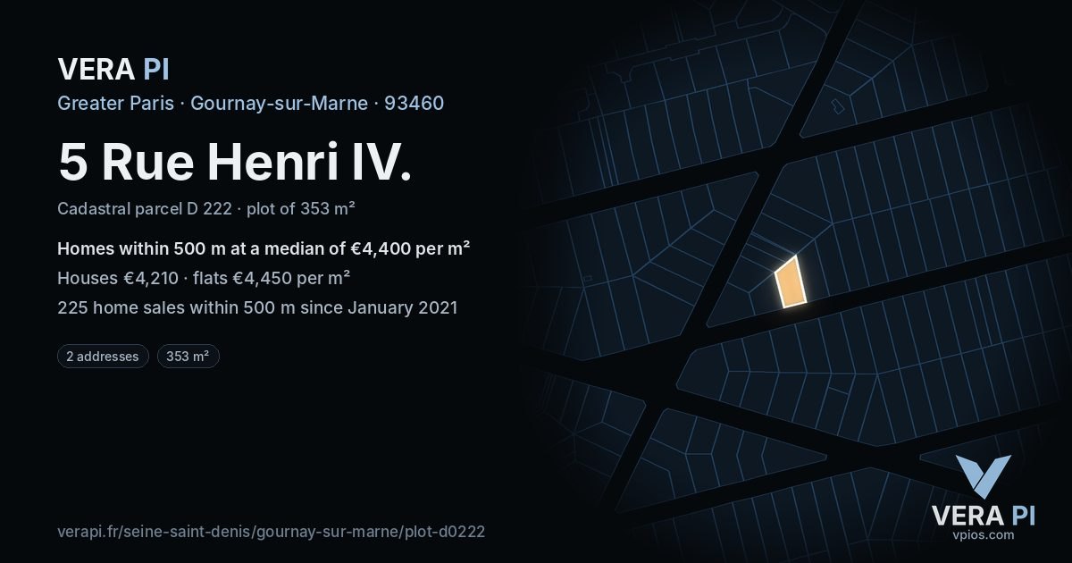 5 Rue Henri IV, Gournay-sur-Marne at night – the plot lit, the parcels around coloured by the prices near them