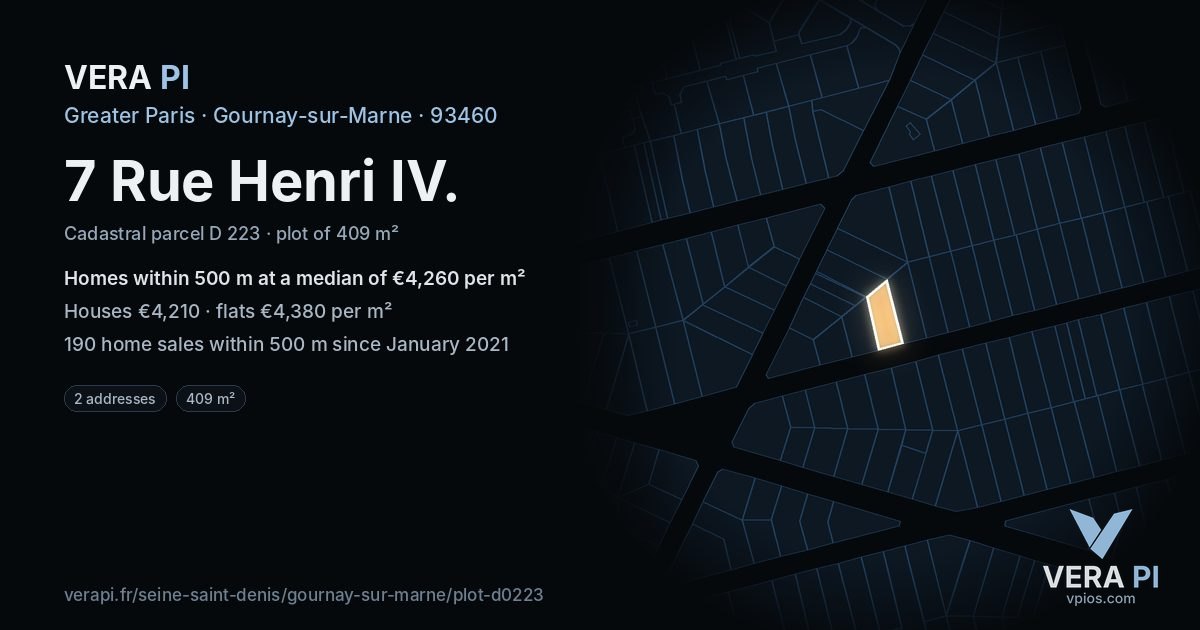 7 Rue Henri IV, Gournay-sur-Marne at night – the plot lit, the parcels around coloured by the prices near them