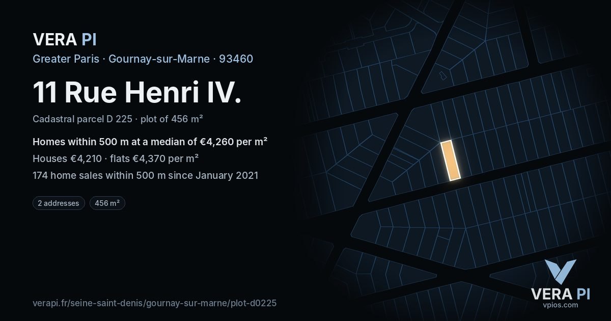 11 Rue Henri IV, Gournay-sur-Marne at night – the plot lit, the parcels around coloured by the prices near them