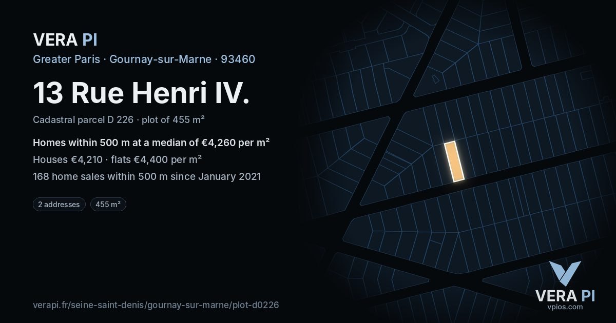 13 Rue Henri IV, Gournay-sur-Marne at night – the plot lit, the parcels around coloured by the prices near them
