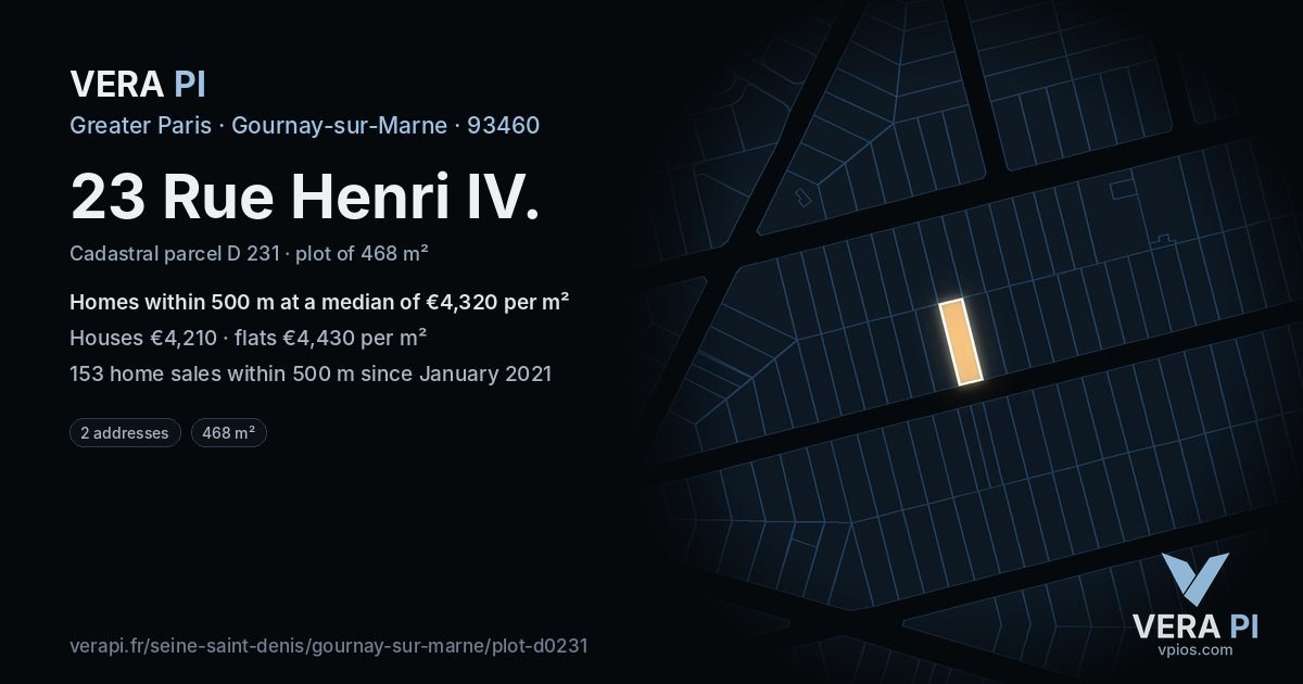 23 Rue Henri IV, Gournay-sur-Marne at night – the plot lit, the parcels around coloured by the prices near them