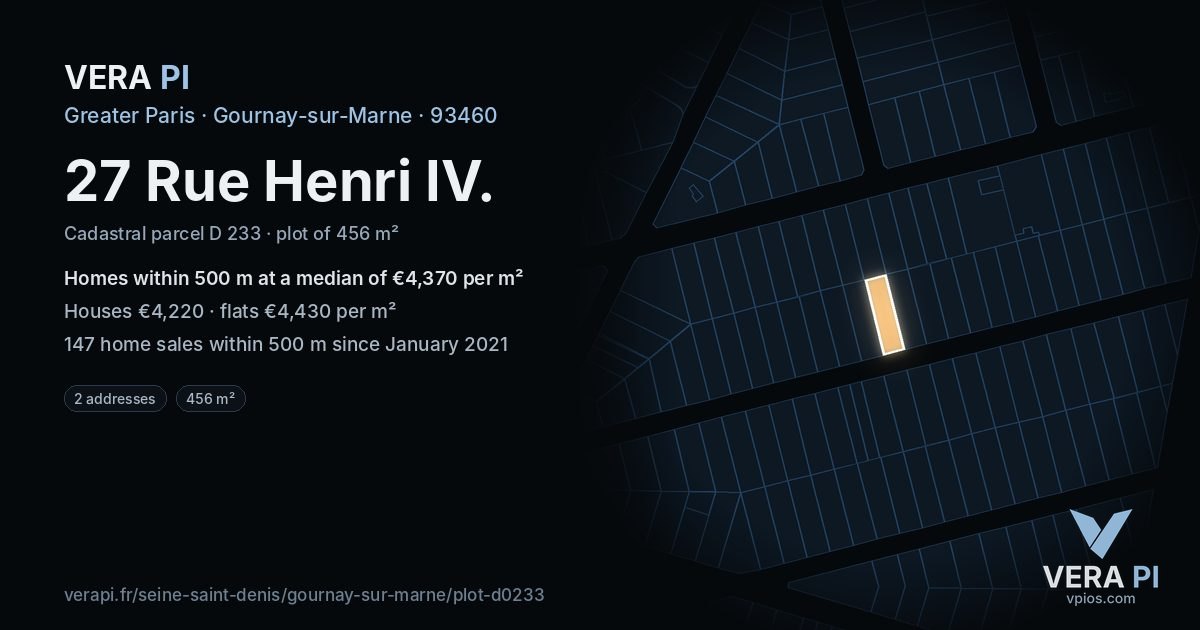 27 Rue Henri IV, Gournay-sur-Marne at night – the plot lit, the parcels around coloured by the prices near them