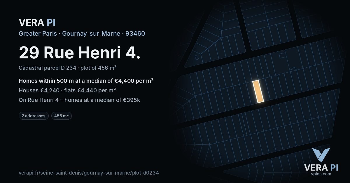 29 Rue Henri 4, Gournay-sur-Marne at night – the plot lit, the parcels around coloured by the prices near them