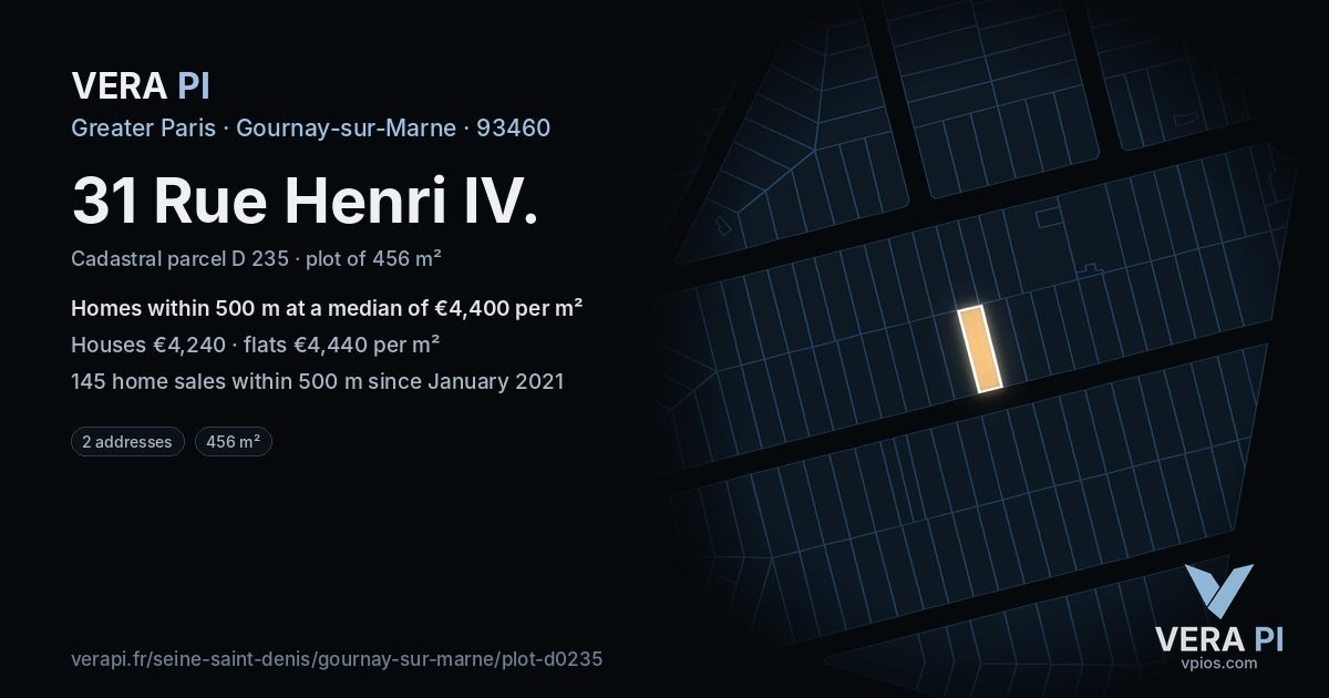 31 Rue Henri IV, Gournay-sur-Marne at night – the plot lit, the parcels around coloured by the prices near them