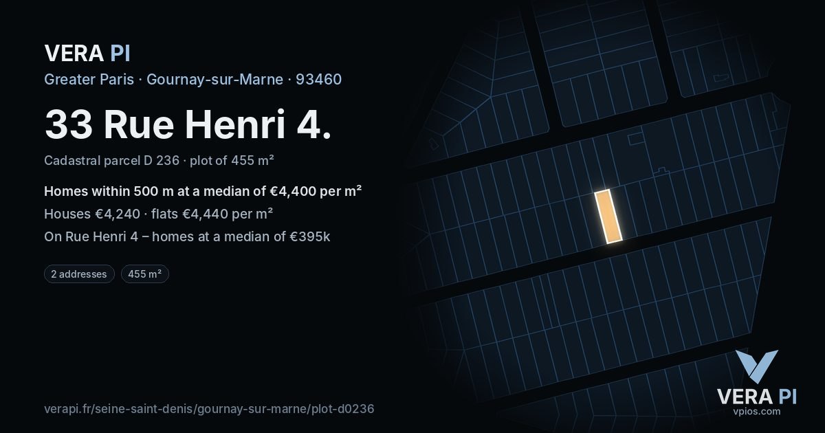 33 Rue Henri 4, Gournay-sur-Marne at night – the plot lit, the parcels around coloured by the prices near them