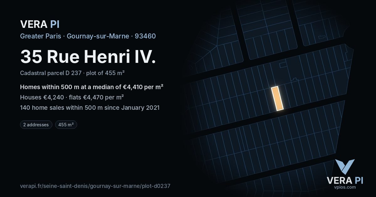 35 Rue Henri IV, Gournay-sur-Marne at night – the plot lit, the parcels around coloured by the prices near them