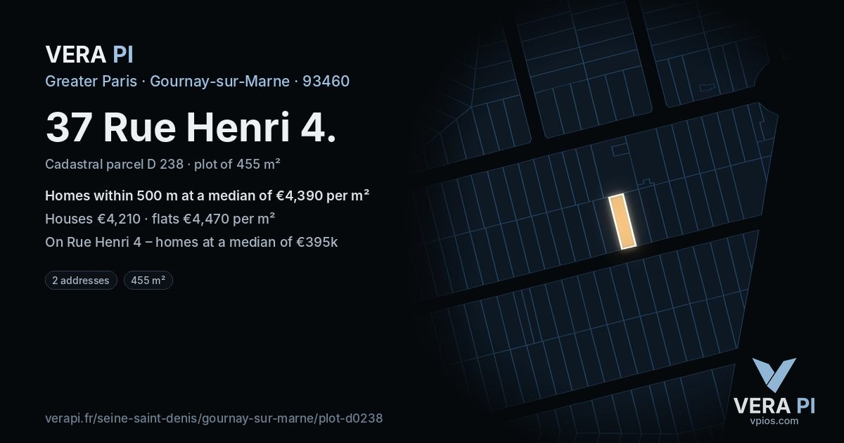37 Rue Henri 4, Gournay-sur-Marne at night – the plot lit, the parcels around coloured by the prices near them