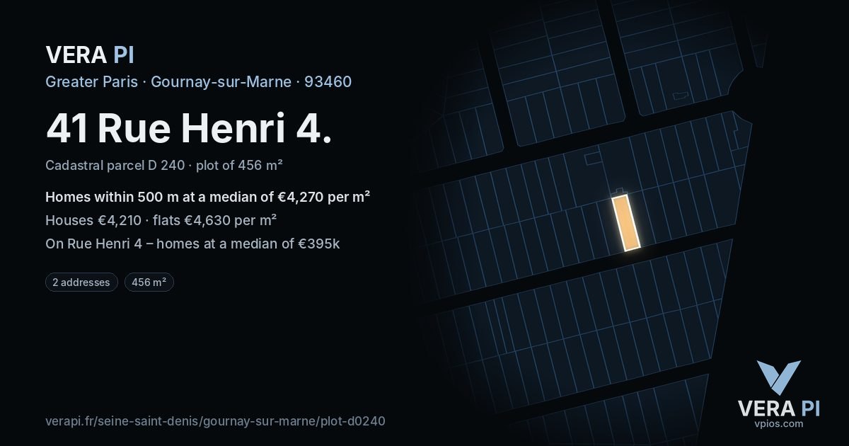 41 Rue Henri 4, Gournay-sur-Marne at night – the plot lit, the parcels around coloured by the prices near them