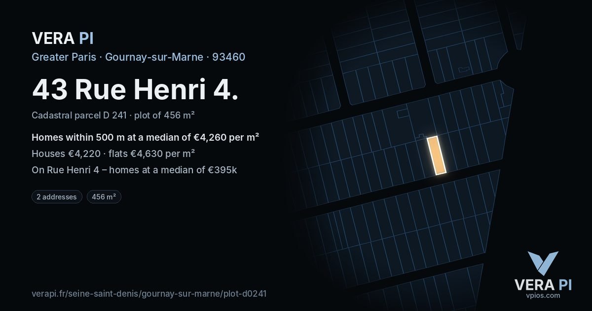 43 Rue Henri 4, Gournay-sur-Marne at night – the plot lit, the parcels around coloured by the prices near them