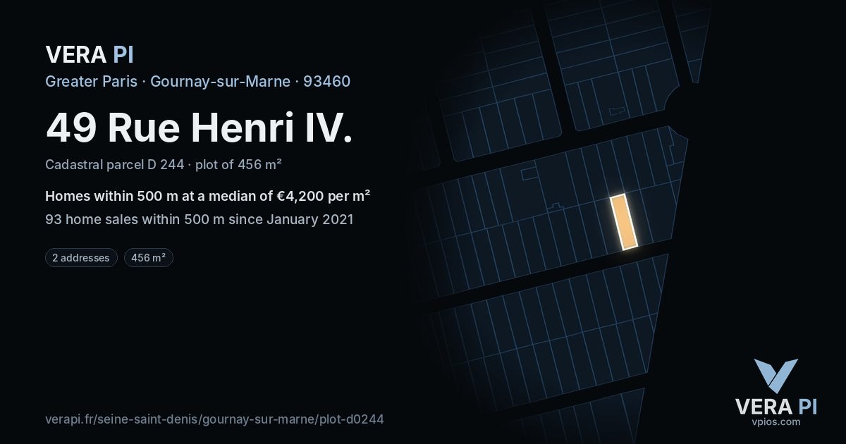 49 Rue Henri IV, Gournay-sur-Marne at night – the plot lit, the parcels around coloured by the prices near them
