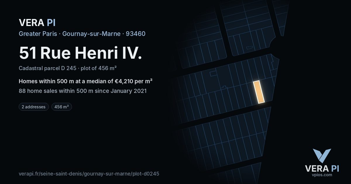 51 Rue Henri IV, Gournay-sur-Marne at night – the plot lit, the parcels around coloured by the prices near them