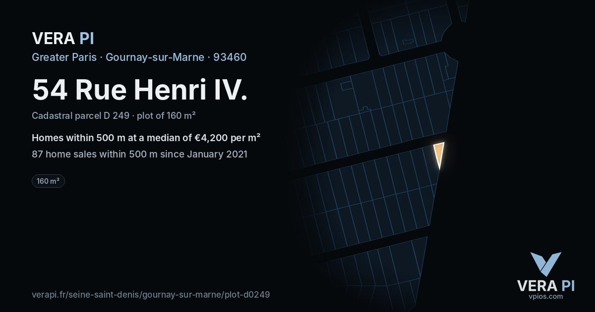 54 Rue Henri IV, Gournay-sur-Marne at night – the plot lit, the parcels around coloured by the prices near them