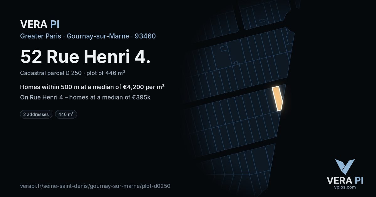 52 Rue Henri 4, Gournay-sur-Marne at night – the plot lit, the parcels around coloured by the prices near them