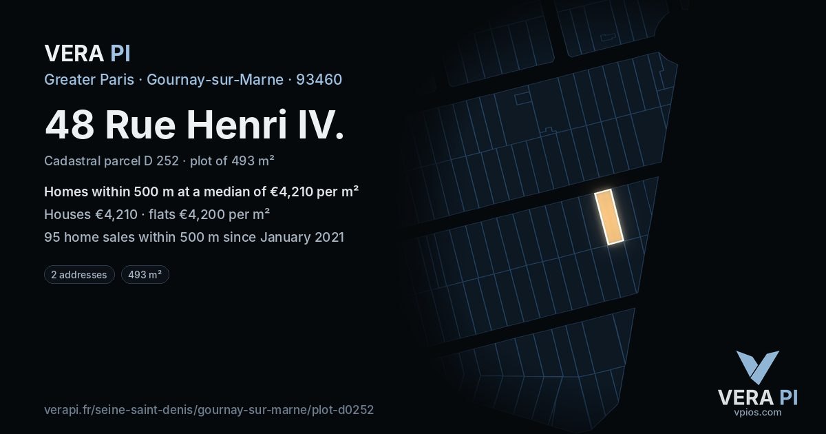 48 Rue Henri IV, Gournay-sur-Marne at night – the plot lit, the parcels around coloured by the prices near them