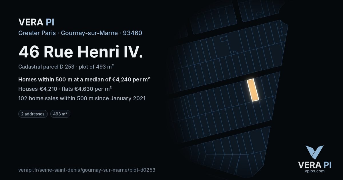 46 Rue Henri IV, Gournay-sur-Marne at night – the plot lit, the parcels around coloured by the prices near them