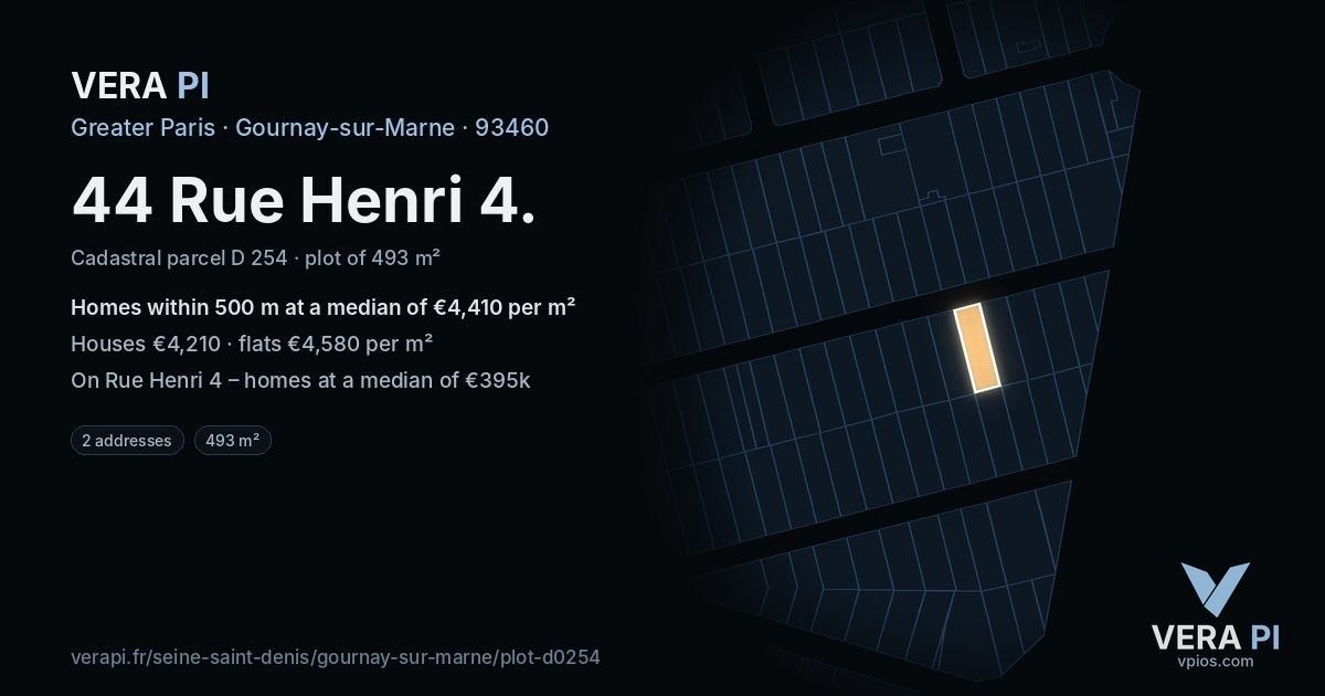 44 Rue Henri 4, Gournay-sur-Marne at night – the plot lit, the parcels around coloured by the prices near them