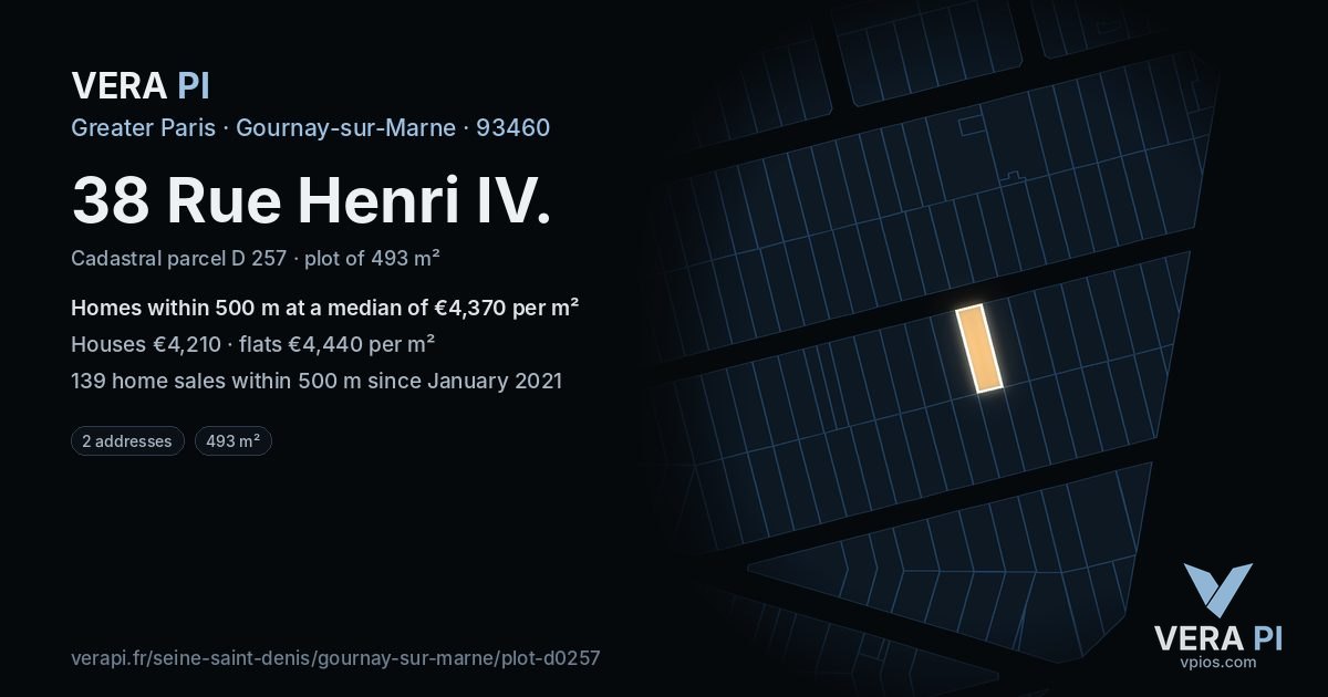 38 Rue Henri IV, Gournay-sur-Marne at night – the plot lit, the parcels around coloured by the prices near them
