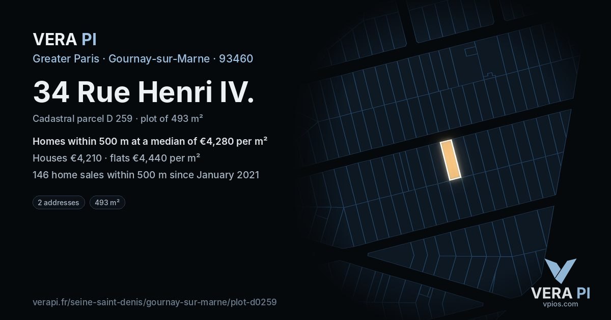 34 Rue Henri IV, Gournay-sur-Marne at night – the plot lit, the parcels around coloured by the prices near them