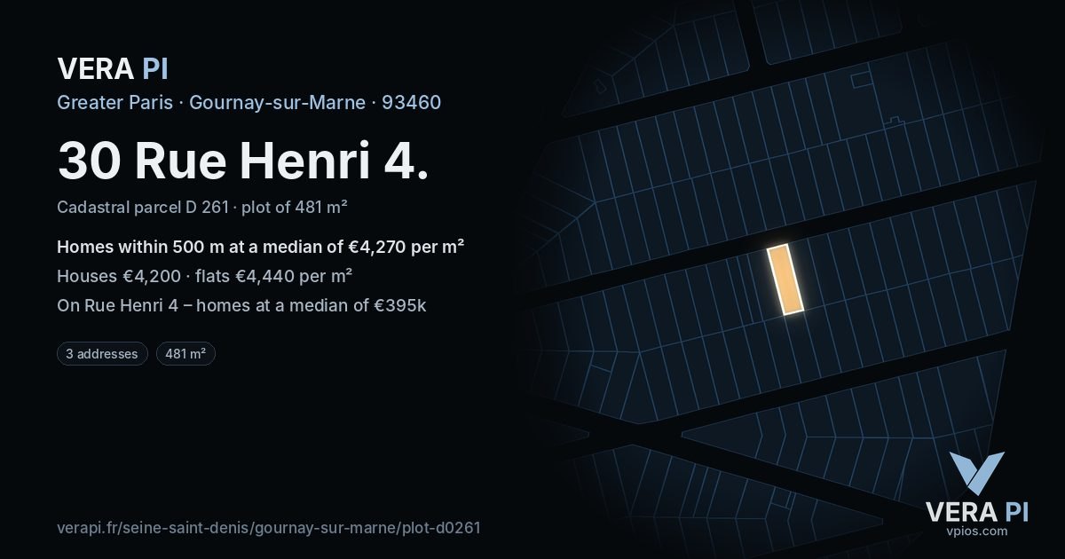 30 Rue Henri 4, Gournay-sur-Marne at night – the plot lit, the parcels around coloured by the prices near them