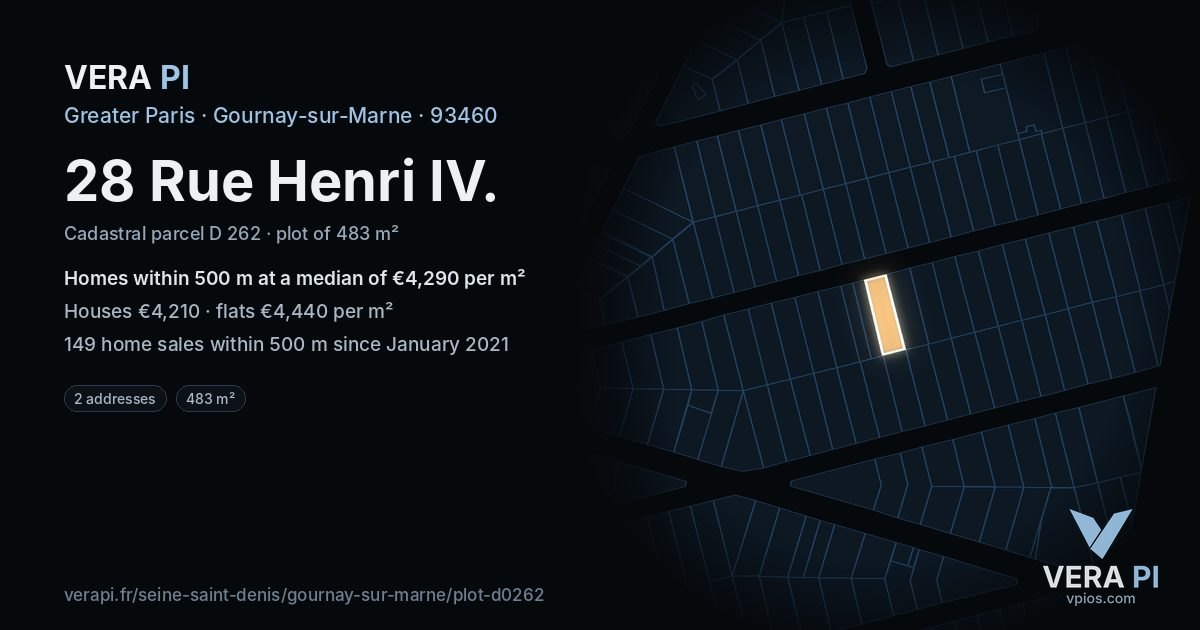 28 Rue Henri IV, Gournay-sur-Marne at night – the plot lit, the parcels around coloured by the prices near them