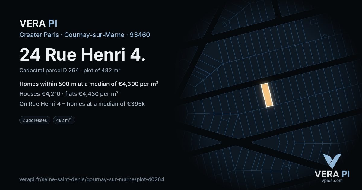 24 Rue Henri 4, Gournay-sur-Marne at night – the plot lit, the parcels around coloured by the prices near them