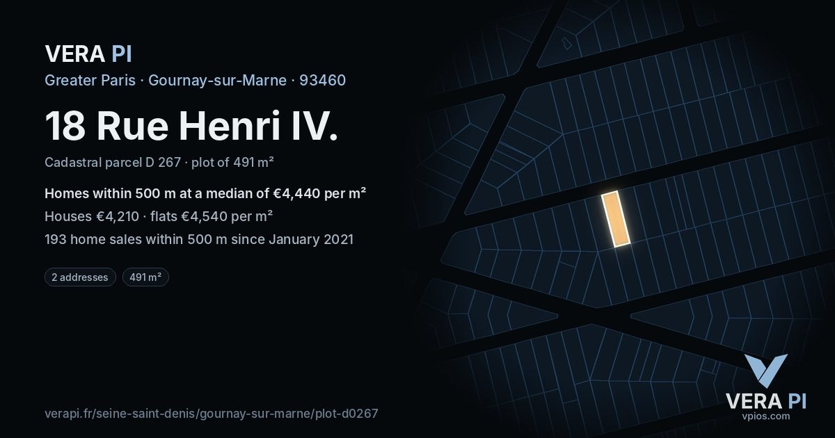 18 Rue Henri IV, Gournay-sur-Marne at night – the plot lit, the parcels around coloured by the prices near them