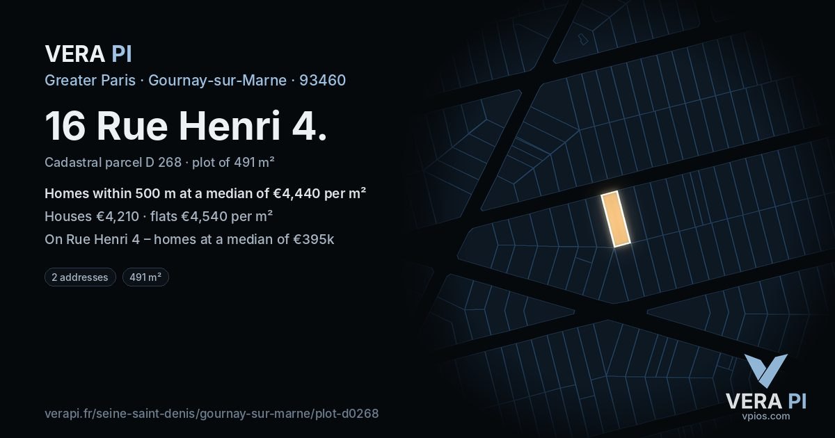 16 Rue Henri 4, Gournay-sur-Marne at night – the plot lit, the parcels around coloured by the prices near them