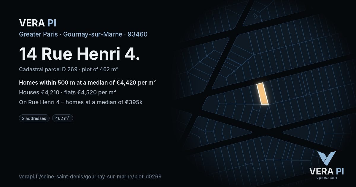 14 Rue Henri 4, Gournay-sur-Marne at night – the plot lit, the parcels around coloured by the prices near them