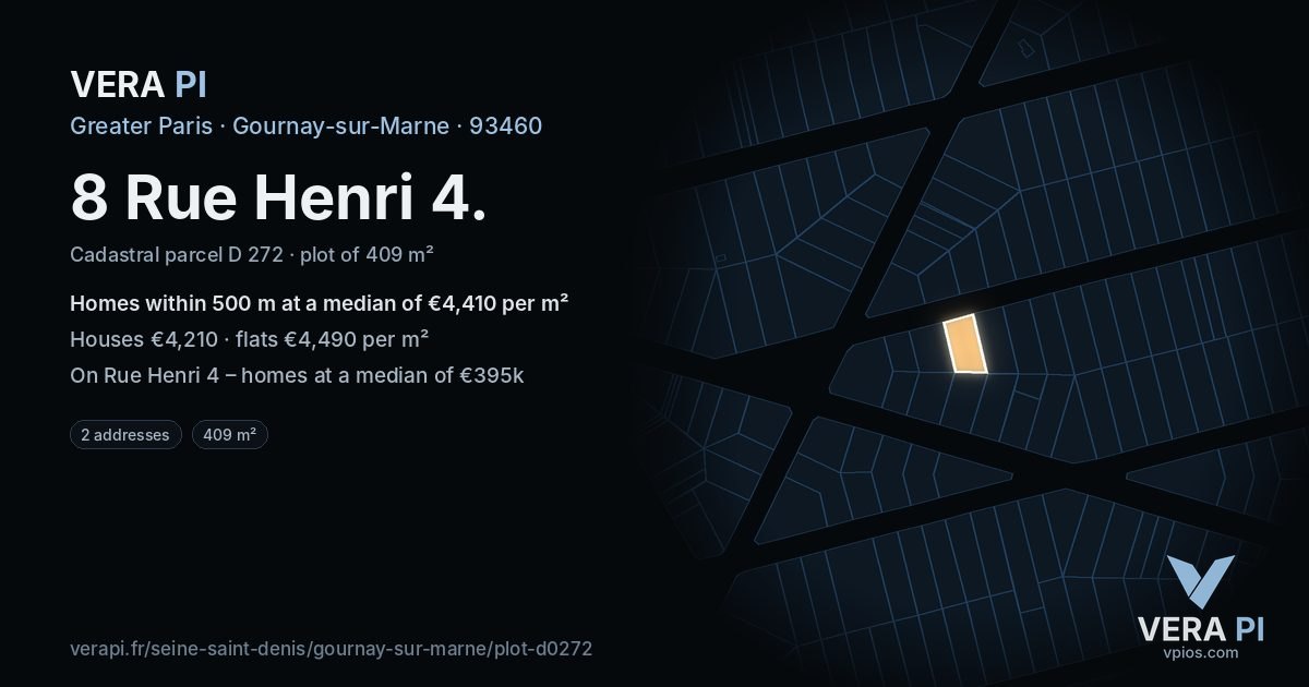 8 Rue Henri 4, Gournay-sur-Marne at night – the plot lit, the parcels around coloured by the prices near them