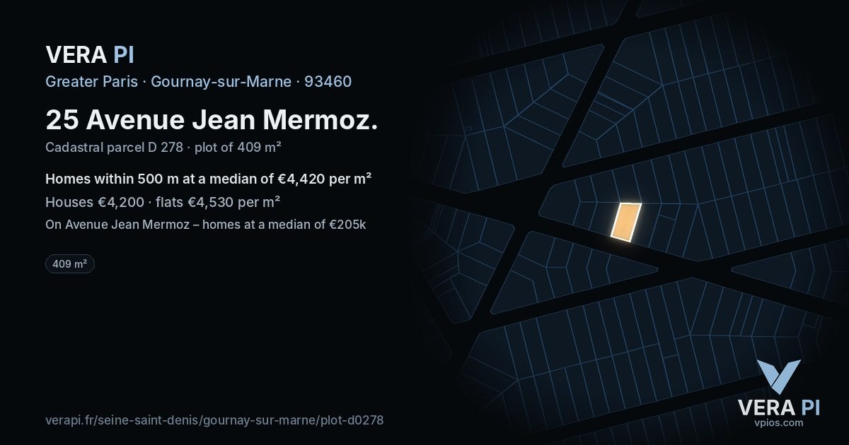 25 Avenue Jean Mermoz, Gournay-sur-Marne at night – the plot lit, the parcels around coloured by the prices near them