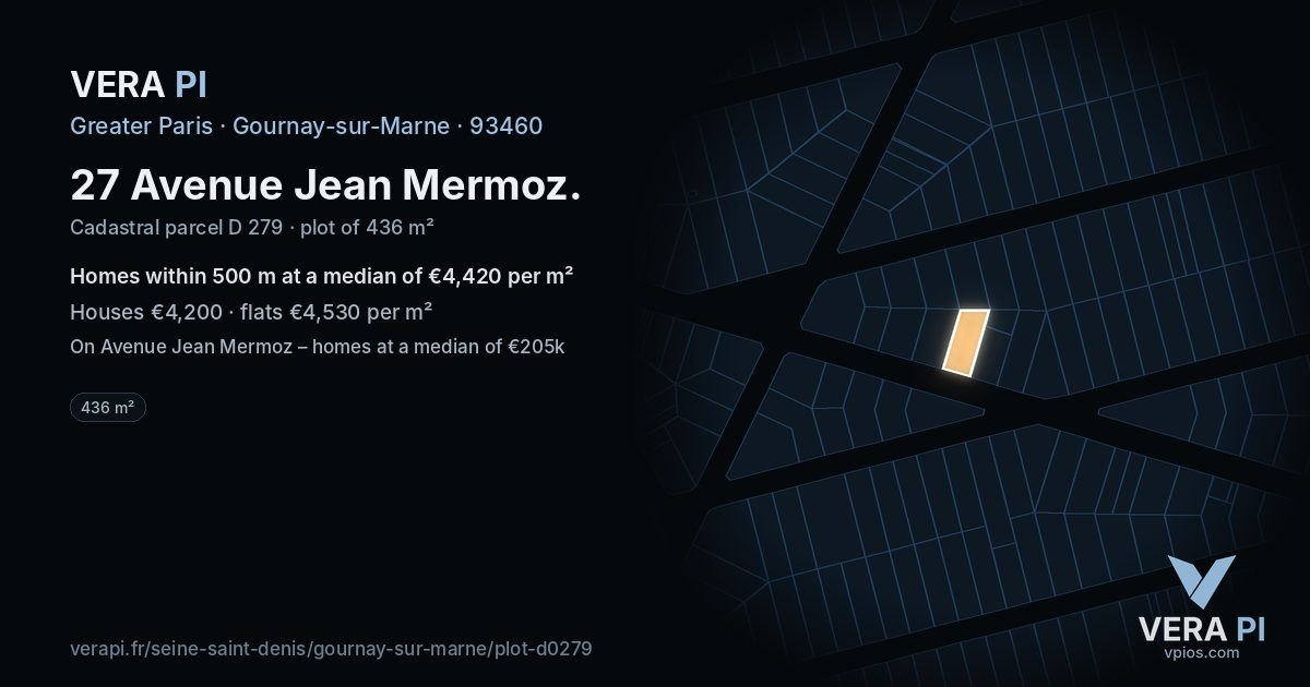 27 Avenue Jean Mermoz, Gournay-sur-Marne at night – the plot lit, the parcels around coloured by the prices near them