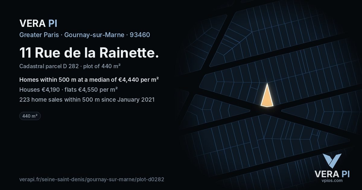 11 Rue de la Rainette, Gournay-sur-Marne at night – the plot lit, the parcels around coloured by the prices near them