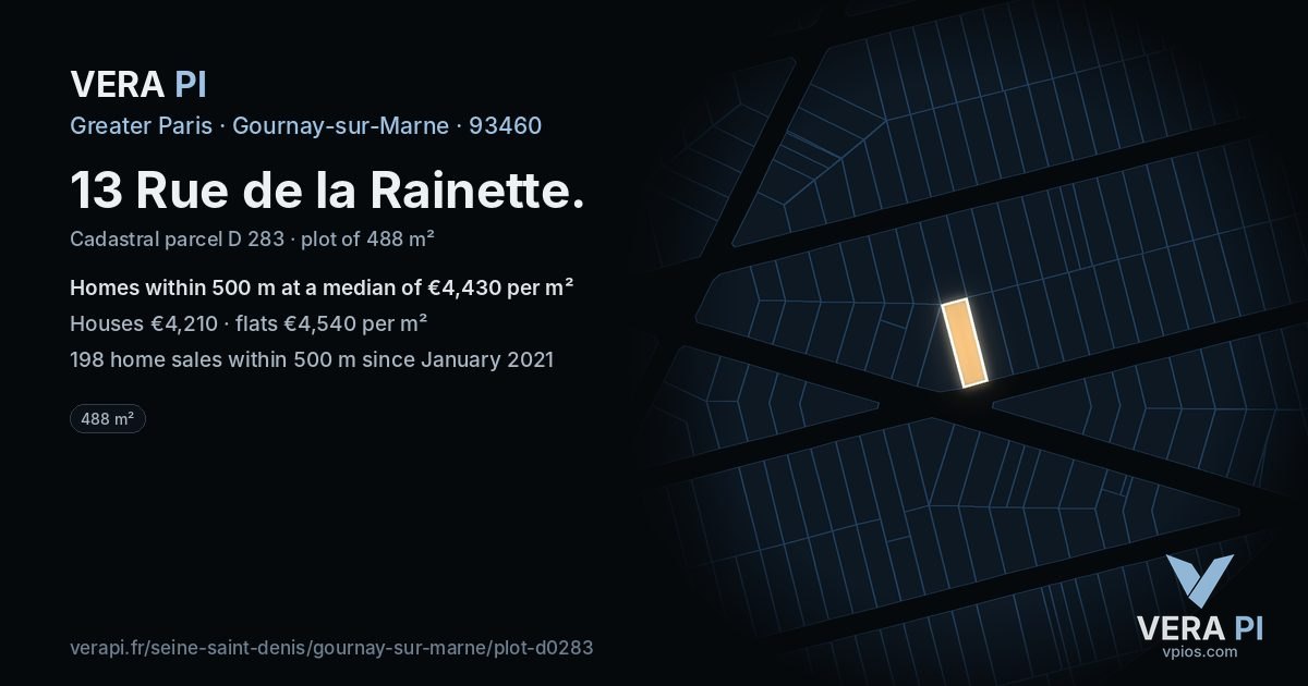 13 Rue de la Rainette, Gournay-sur-Marne at night – the plot lit, the parcels around coloured by the prices near them