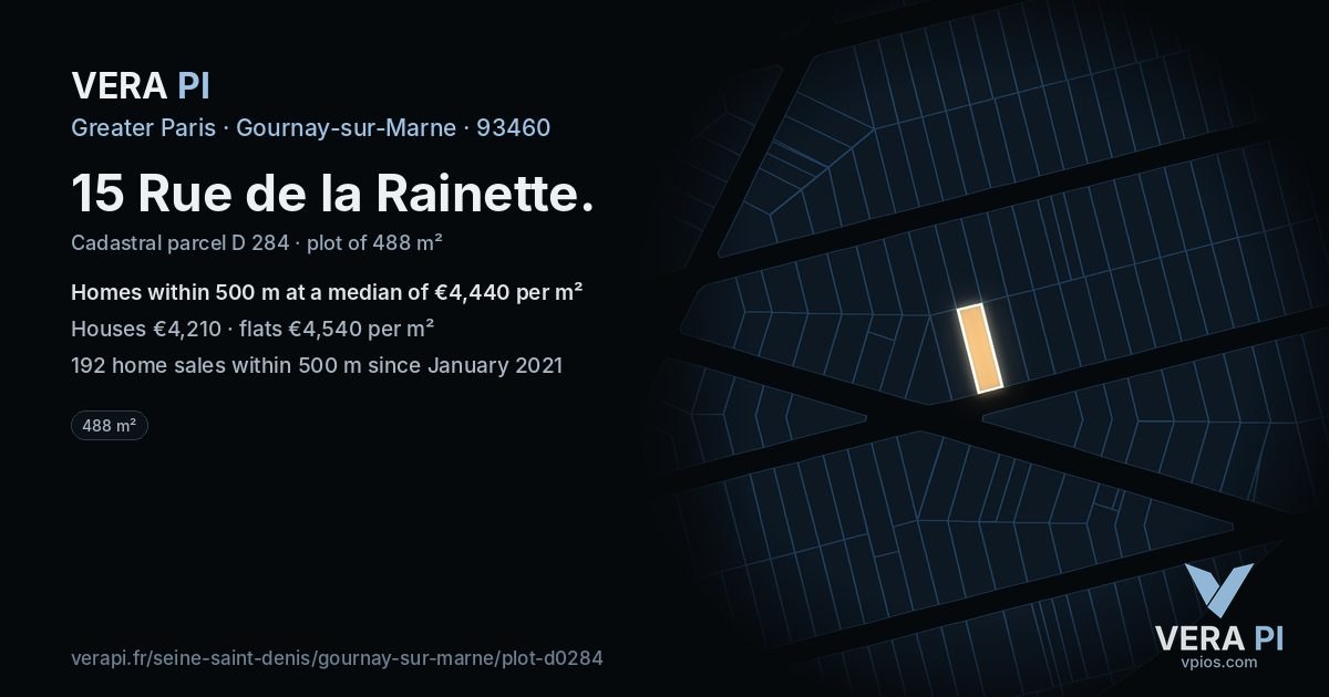 15 Rue de la Rainette, Gournay-sur-Marne at night – the plot lit, the parcels around coloured by the prices near them