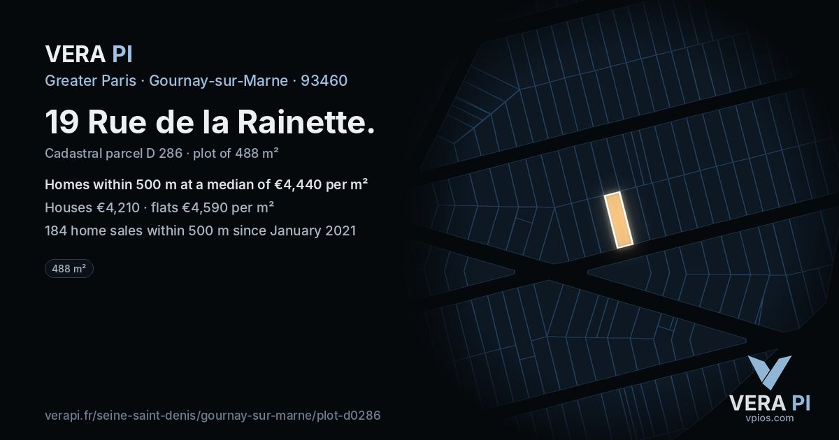 19 Rue de la Rainette, Gournay-sur-Marne at night – the plot lit, the parcels around coloured by the prices near them