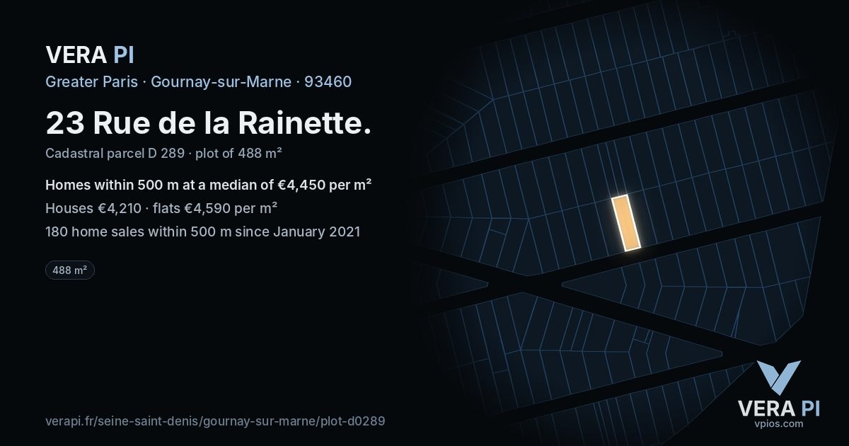 23 Rue de la Rainette, Gournay-sur-Marne at night – the plot lit, the parcels around coloured by the prices near them