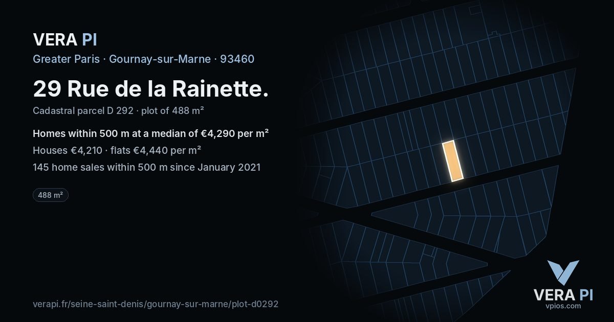 29 Rue de la Rainette, Gournay-sur-Marne at night – the plot lit, the parcels around coloured by the prices near them