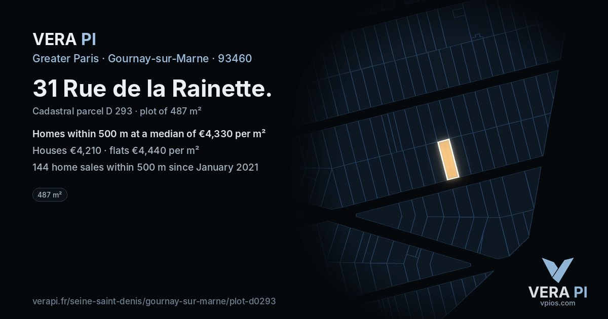 31 Rue de la Rainette, Gournay-sur-Marne at night – the plot lit, the parcels around coloured by the prices near them