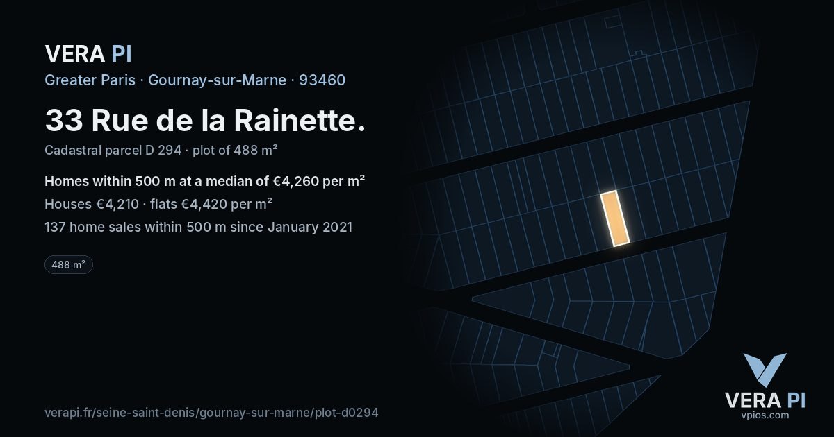 33 Rue de la Rainette, Gournay-sur-Marne at night – the plot lit, the parcels around coloured by the prices near them