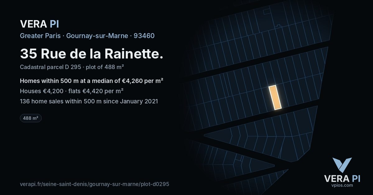35 Rue de la Rainette, Gournay-sur-Marne at night – the plot lit, the parcels around coloured by the prices near them