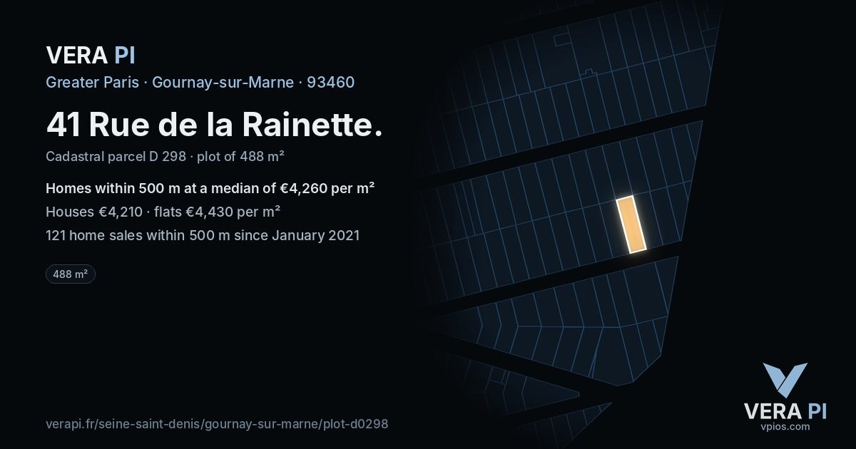 41 Rue de la Rainette, Gournay-sur-Marne at night – the plot lit, the parcels around coloured by the prices near them