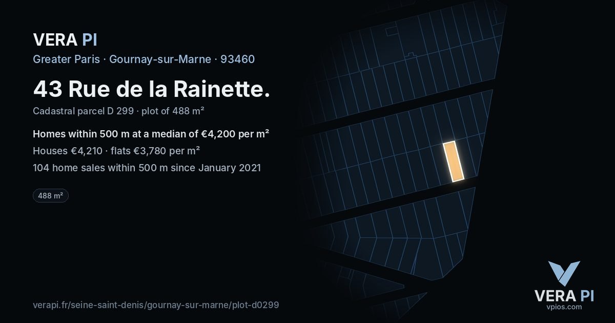 43 Rue de la Rainette, Gournay-sur-Marne at night – the plot lit, the parcels around coloured by the prices near them